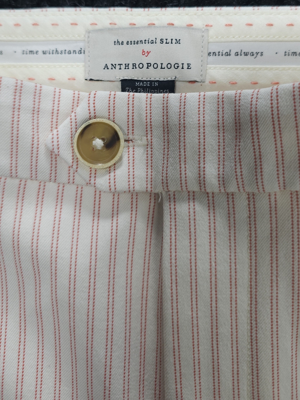 Anthropologie Slim Cream Pants with Red Pinstripes and Gold Button